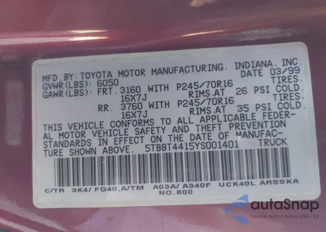 2000 Toyota Tundra Sr5 V8 z USA, uszkodzony, nr VIN 5TBBT4415YS001401